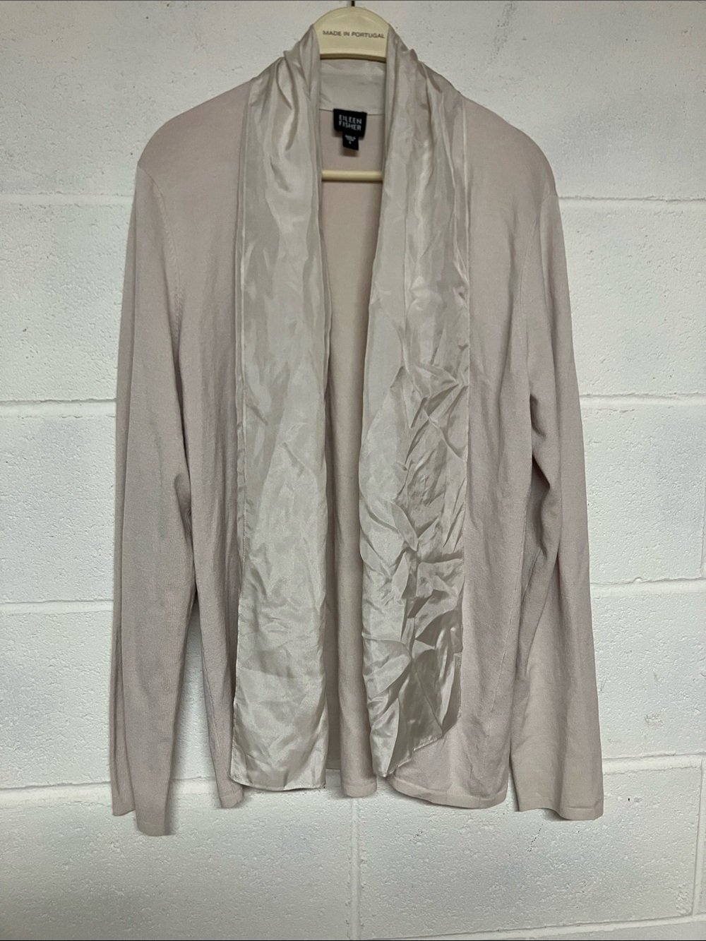 Eileen Fisher Light Cream Open-Front Knit Cardigan with Satin Trim